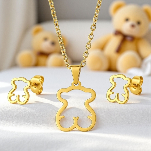 🆕️ 18K Gold Plated Cute Bear Necklace & Earrings Set | Trendy Jewelry Gift 🎁 - Picture 1 of 10
